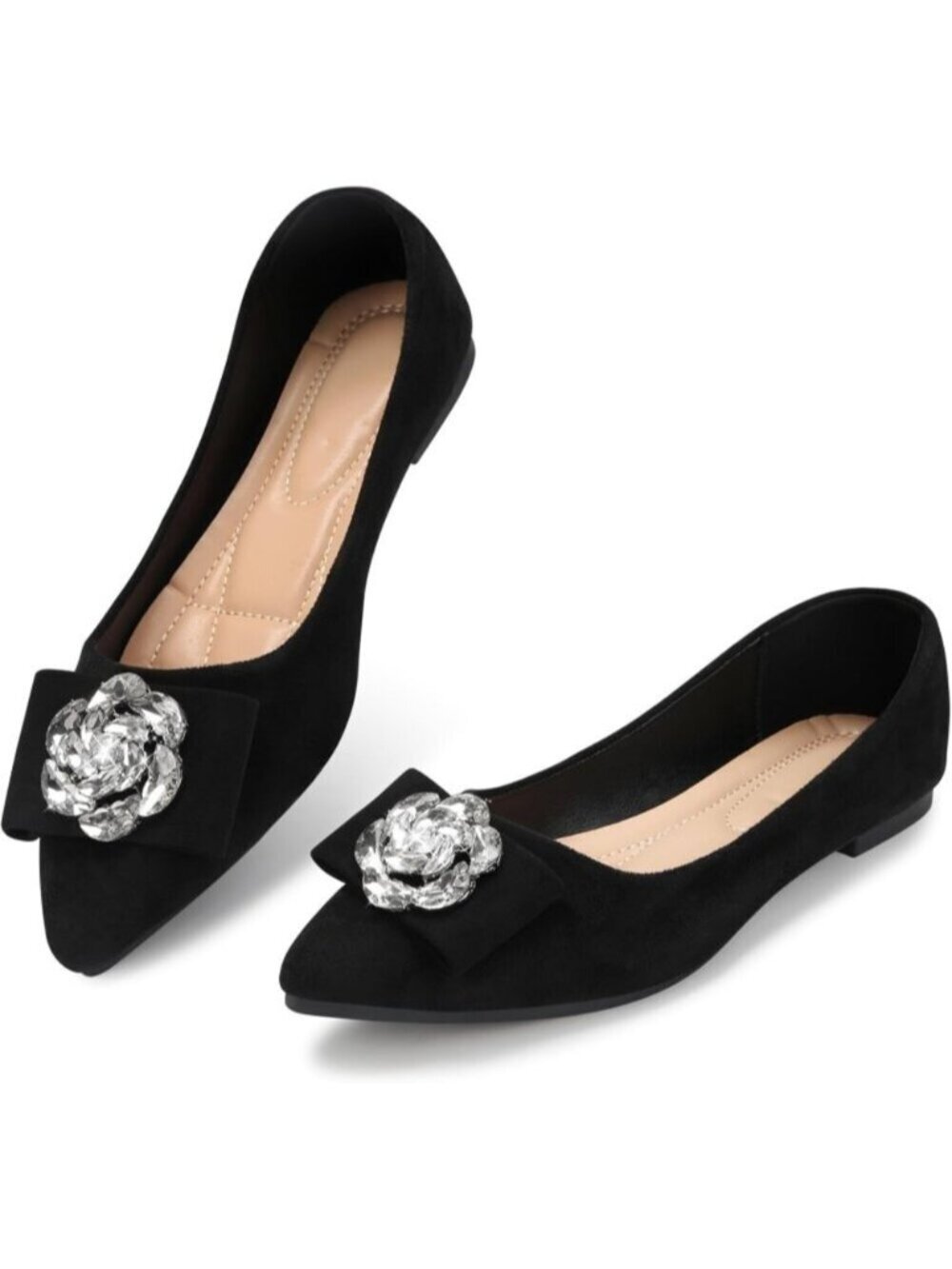 Women's Dark Black Pointed Toe Pearl Flats Faux Suede Comfort Dress Flats Casual